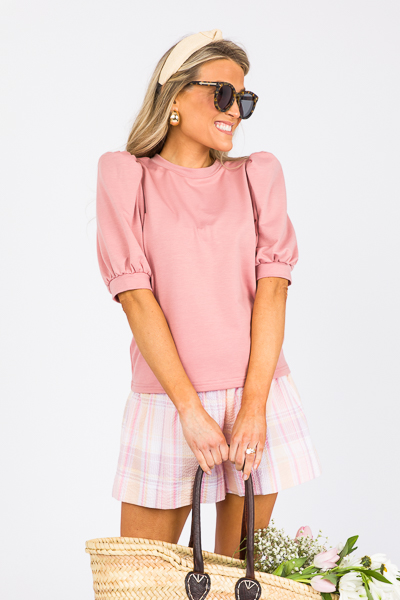 Seersucker Smock Shorts, Pink Plaid