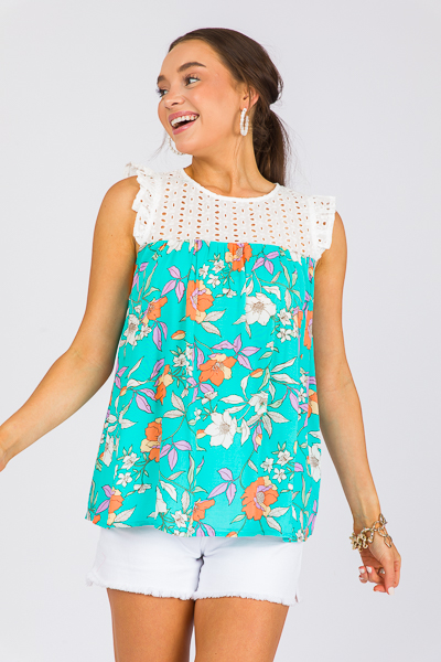 Eyelet Yoke Floral Top, Mint