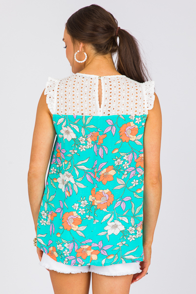 Eyelet Yoke Floral Top, Mint