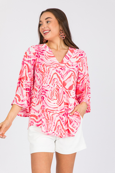 Printed Pleat V Blouse, Coral