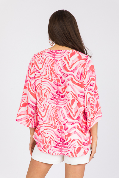 Printed Pleat V Blouse, Coral