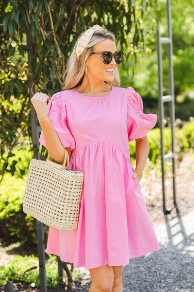 Button Back Cotton Dress, Cool Pink