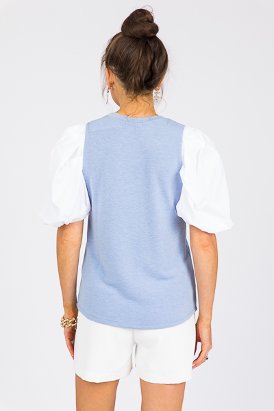 Contrast Puff Sleeve Top, Blue