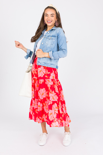 Bold Blooms Maxi Skirt, Tomato