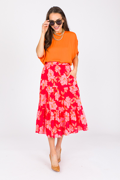 Bold Blooms Maxi Skirt, Tomato