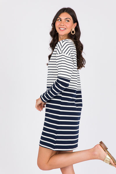 Colorblock Stripe Dress, White/Navy