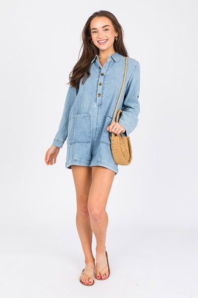 Half Button Denim Romper - The Blue Door Boutique