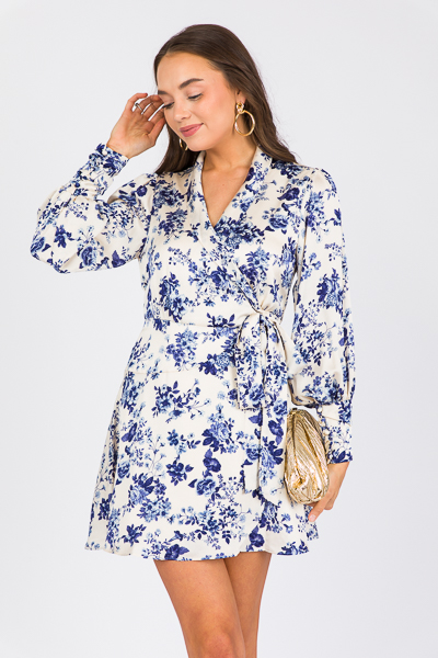 Satin Floral Wrap Dress, Navy