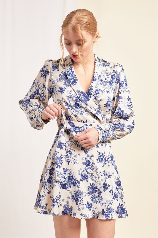 Satin Floral Wrap Dress, Navy