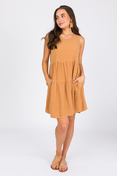 Linen Tiered Dress, Caramel