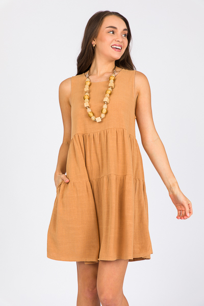 Linen Tiered Dress, Caramel