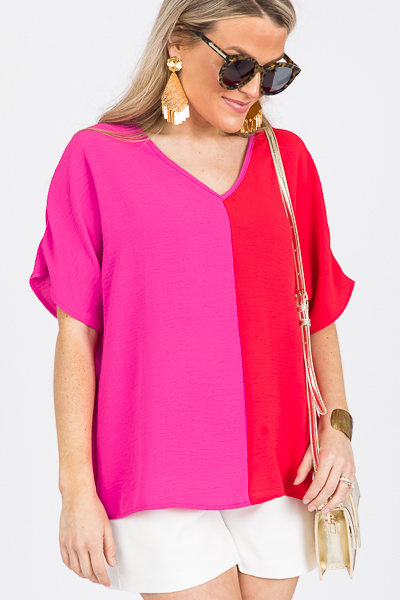 Boxy Two-Tone Blouse, Red Combo