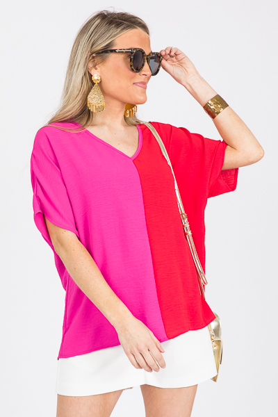 Boxy Two-Tone Blouse, Red Combo