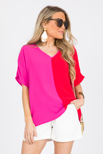 Boxy Two-Tone Blouse, Red Combo