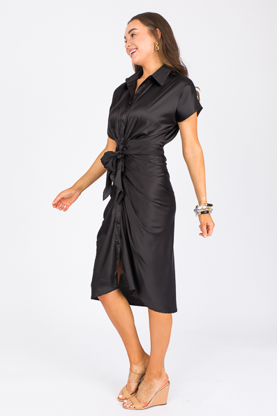 Satin Button Tie Midi, Black