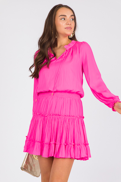 Ruffle Tier Silky Dress, Pink Bubblegum