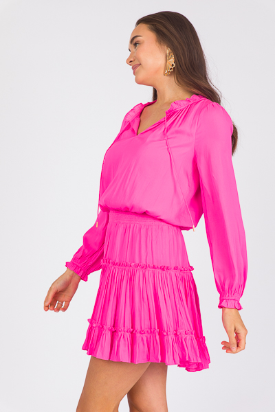 Ruffle Tier Silky Dress, Pink Bubblegum