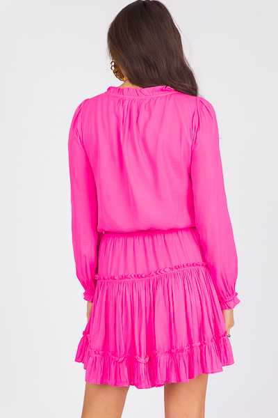 Ruffle Tier Silky Dress, Pink Bubblegum