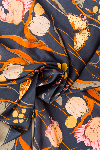 Floral Print Silk Scarf, Navy