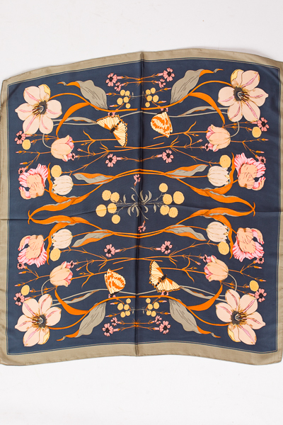 Floral Print Silk Scarf, Navy