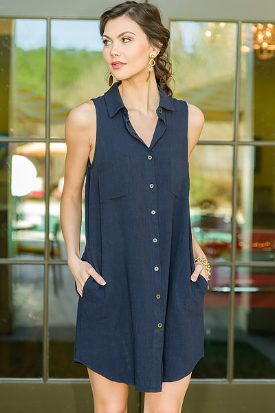 Test of Time Button Dress, Navy