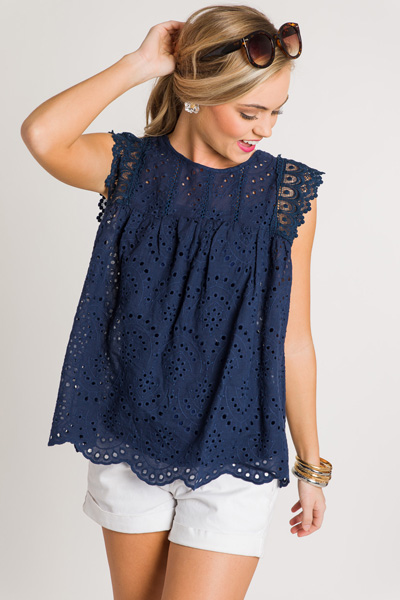 Eyelet Scallop Edge Top, Navy