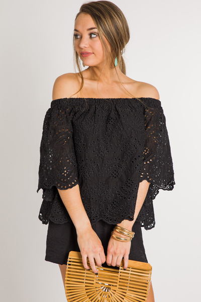 Black Eyelet Off Shoulder - Off Shoulder - Tops - The Blue Door Boutique