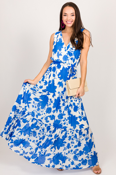 Belted Blue Floral Maxi - Dresses - The Blue Door Boutique