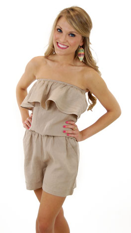 Linen Ruffle Romper, Khaki