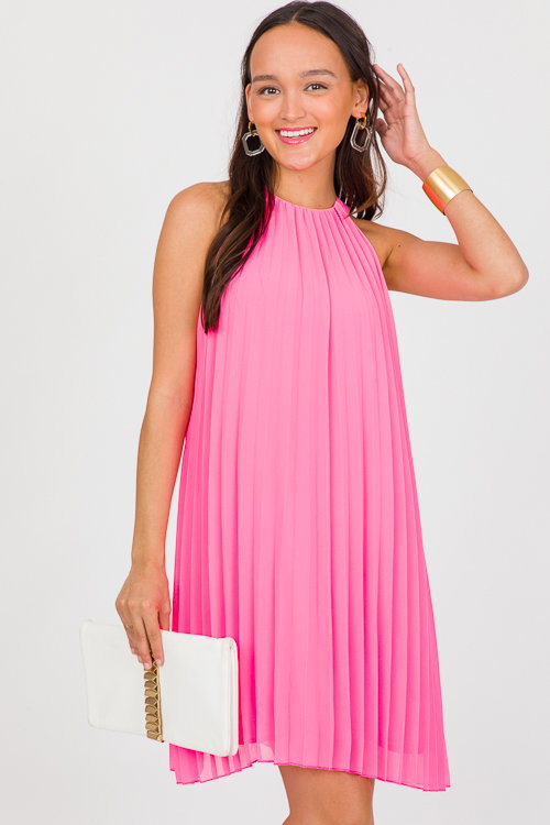 Pleated Swing Dress With Organza Floral Detail