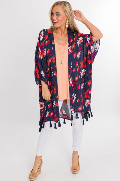 Kyla Tassel Kimono, Navy Blooms