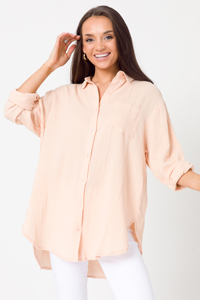 Longer Gauze Button Up, Peach