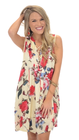 Lace Up Floral Dress, Cream