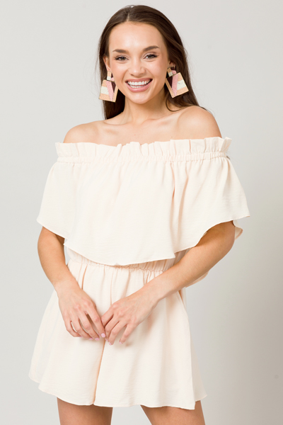 Ruffle Overlay Romper, Beige