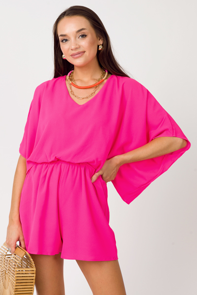 Drape Sleeves Romper, Fuchsia