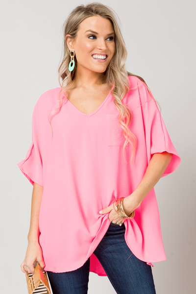 Oversized V-Neck Blouse, Hot Pink