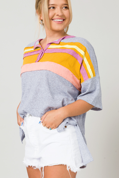 Raw Stripes Slub Henley, Heather Grey