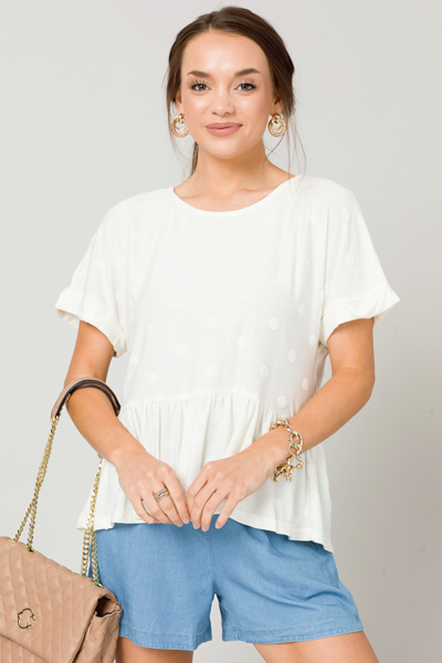 Button Back Dot Peplum, Cream