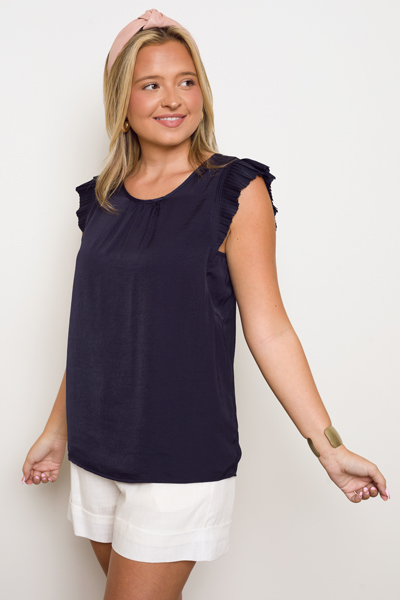 Silky Pleat Sleeve Top, Navy