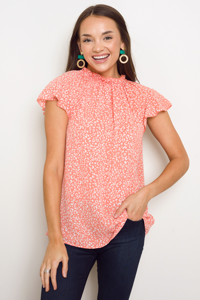 Crepe Leopard Ruffle Top, Coral