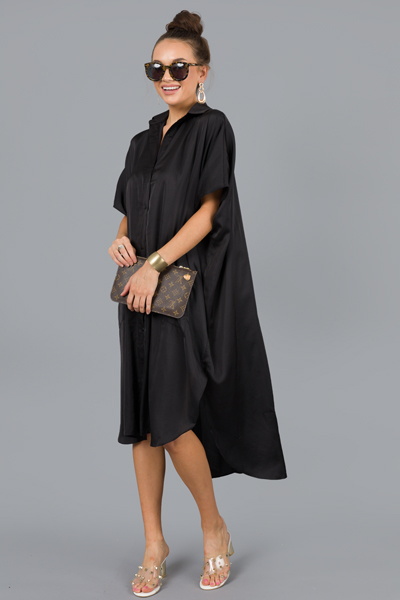 Solid Satin Button Midi, Black