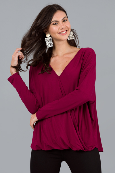 Surplice Knit Top, Burgundy