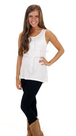 Lace Cross Tank, White