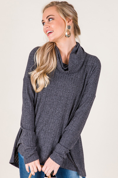 Chris Ribbed Cowl Neck, Charcoal