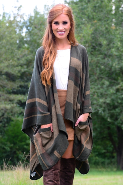Rivington Plaid Ruana, Green