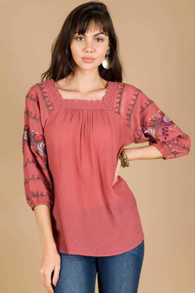 Embroidered Sleeves Top, Marsala