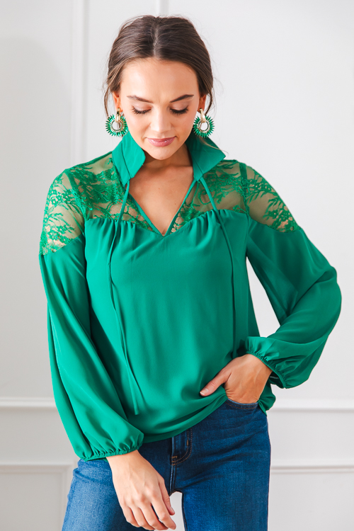 Lace Yoke Blouse, Jewel Green SALE The Blue Door Boutique