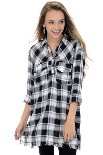 Frayed Hem Plaid Tunic, White