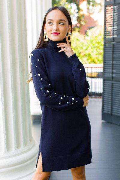 1212170 Navy Blue Pearl Detail Shirt Dress