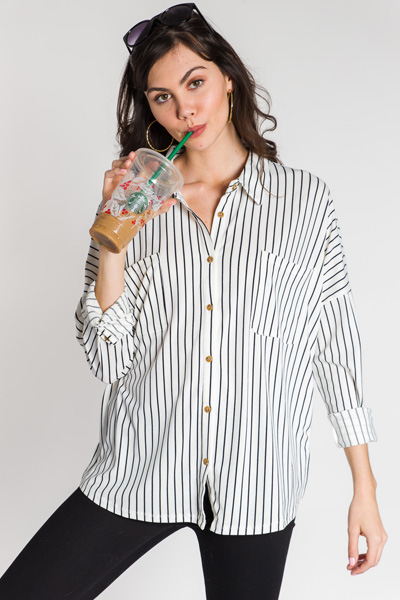 Stretchy Stripe Button Down, White